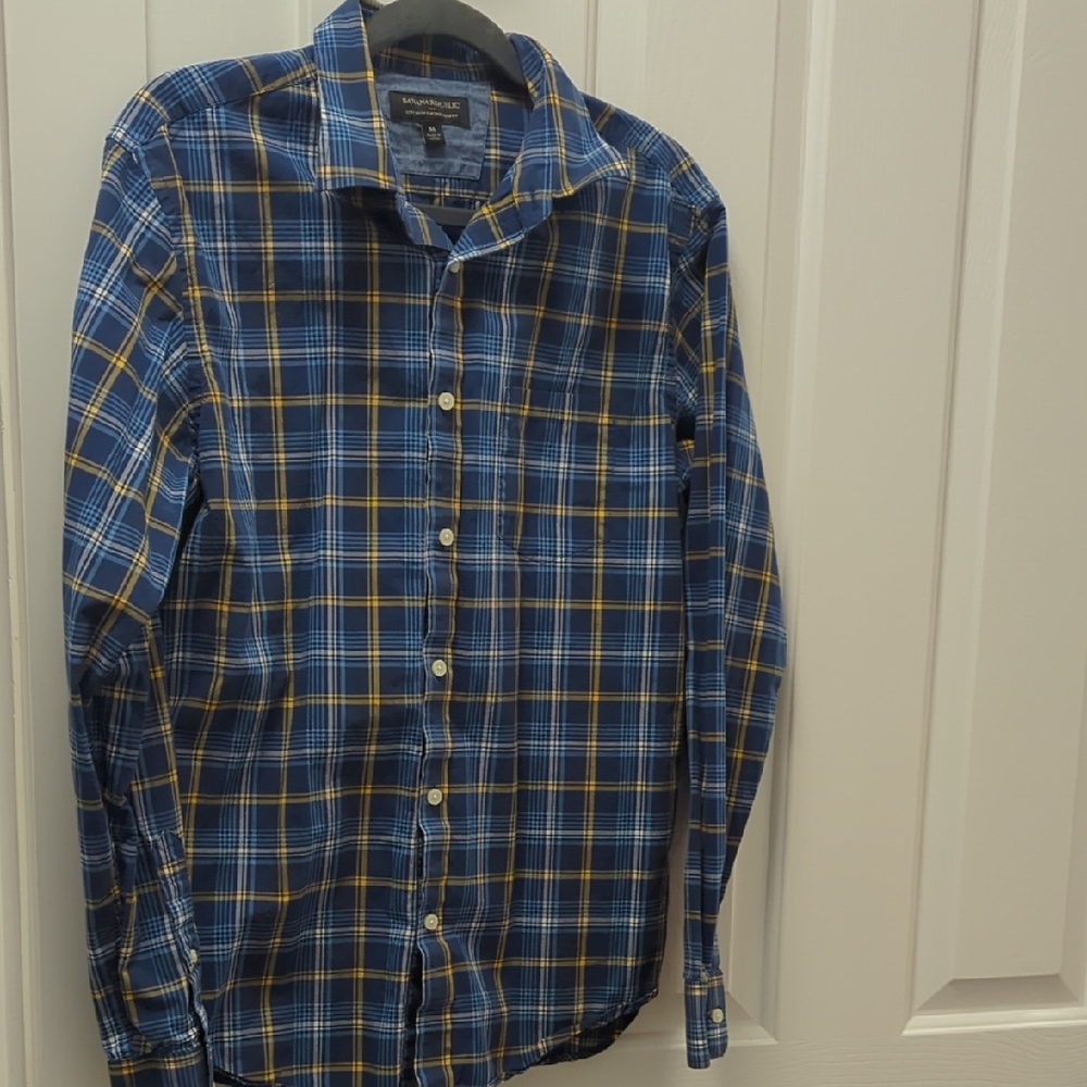 Banana Republic Men's Blue and Yellow Plaid Shirt